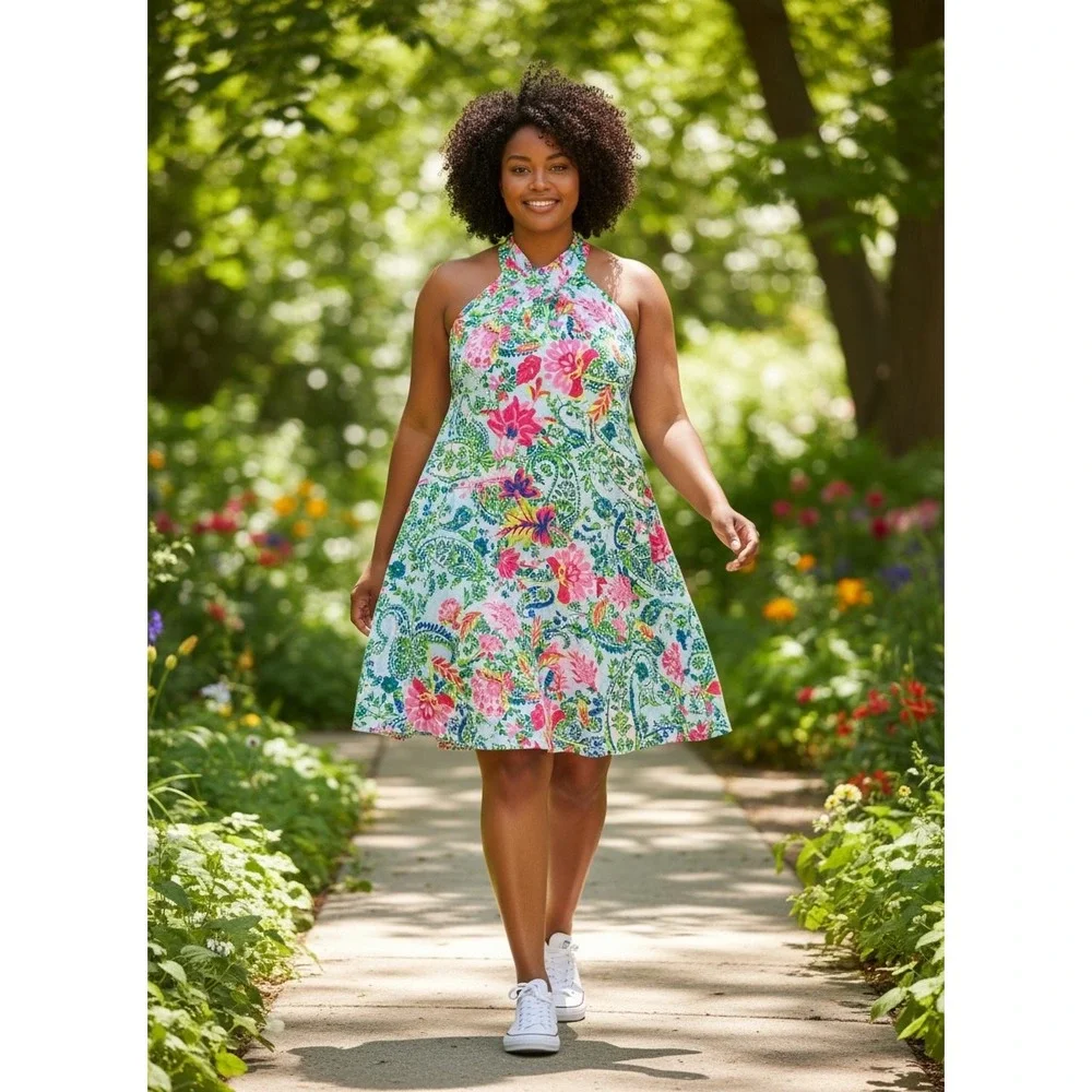 Emily Wonder 1X NWT Floral Paisley Swing Dress Tie Neck Sleeveless Resort NWT - Picture 1 of 7
